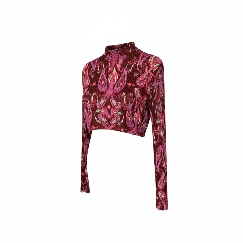 Free People Cherie Printed Top Women's Small Wine Velvet Boho Deep V Long Sleeve - Picture 4 of 7